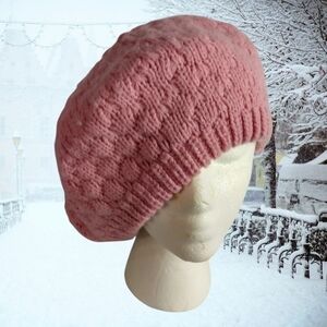 Vtg Knitted Beanie Beret By Hansen Made In USA Pink Open Knit 1980/90s
